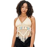 PALAY® Women's Summer Crochet Granny Square Halter Tops Boho Sleeveless Backless Fringe Trim Cami Cover Up Tank Crop Top
