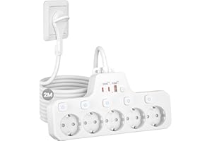 ‎KIYKZI Listwa Zasilająca Wtyczka Płaska,Listwa Zasilająca z 5 Gniazdami i PD20W,Wielokrotne Gniazdo z Niezależnym Przełącznikiem,Ultra-Płaski Wtyczka 2M Przedłużacz,do Płaskich Gniazdek za Meblami,Biały