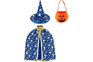 JACKCELL Jeackcelle Kinder Halloween Kostüm, Wizard Cape Witch Umhang mit Hut, Kürbis Candy Bag, Zauberer Mantel mit Requisiten für Jungen Mädchen Cosplay party
