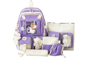 LYEAA Juego de 5 mochilas escolares de lona, mochilas escolares Kawaii para niñas y estudiantes