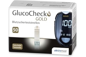 AKTIVMED GlucoCheck GOLD - 50 Blutzuckerteststreifen zur Kontrolle des Blutzucker-Wertes - Anwendbar mit dem GlucoCheck GOLD Blutzuckermessgerät