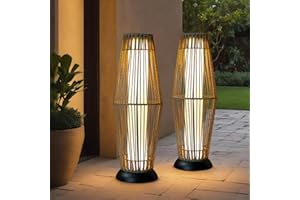 TRIROCKS Lámpara solar de pie para exteriores, 2 unidades, linterna solar de mimbre con cuerda Olifen, impermeable, ratán exterior, luz solar LED para porche, patio, camino, terraza, jardín, césped