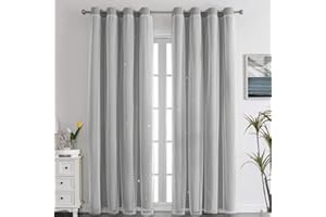 Nyescasa Verdunklungs Vorhänge Kinderzimmer Vorhang Doppellagige Gardienen mit Höhlen Sterne mit Voile Ösenschal für Wohnzimmer Schlafzimmer Mädchen Dekoschal 2er Set 244x132cm(H×B) Grau
