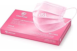 CRAZYCHIC - x51 Masque Chirurgical Médical Rose Type IIR - Certifié CE Norme EN14683 - Masque Jetable 3 Plis Protection Respiratoire - Haute Filtration EFB>99% - Lot de 51 pièces