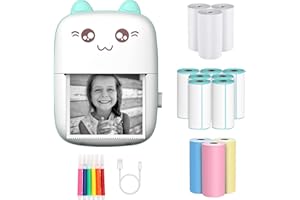 Carseatty Imprimante d'autocollants, imprimante thermique sans encre Bluetooth de poche sans fil, mini imprimante photo pour impression de logo, notes, journal, liste, mémo (y compris 13 rouleaux de