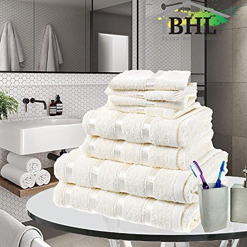 Zeta Home LUXURY 100% EGYPTIAN COTTON SATIN STRIPE 8 PC TOWEL BALE SET BATHROOM TOWELS (Cream)