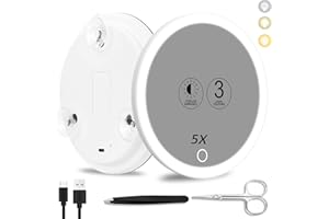 Suupvaor 5X Espejo de Aumento con luz, 3 Modos de Color de atenuación 15cm Iluminado 5X Espejo de Aumento con 3 ventosas, Espejo de Aumento de Viaje 5X, Espejo de Maquillaje de Gran Aumento