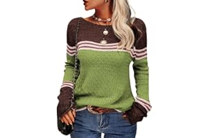 Tankaneo Damen Pullover Colorblock Langarm Rundhals Strickpullover Gestreift Slim Fit Strickwaren Tops