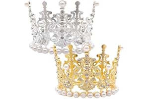 CHENGLI 2PCS Small Gold and Silver Crown Decoration Mini Crown Headgear Pearl Rhinestone Mini Crowns Wedding Crown Gift Accessories for Pet Birthday Parties, Family Photos, Daily Wear