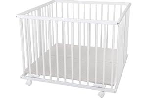 WALDIN BABY COLLECTION WALDIN - Parc pour bébé - environ 100 x 100 cm, HÊTRE MASSIF, réglable en hauteur, 2 motifs au choix, bois blanc laqué