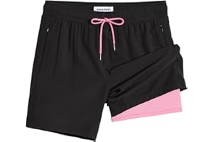 MaaMgic 7" Mens Swim Shorts with Compression Liner 4-Way Stretch Bathing Suit Swimming Shorts with Pockets