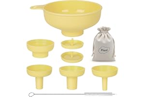 Pisol Wide Mouth Versatile Funnel, Canning Funnels for Kitchen Use, Food Grade Plastic Cooking Funnel Set with 4 Size Spouts and 2 Strainers for Filling Different Bottles and Bags, Yellow