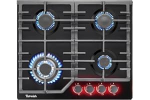 Topwish cocina de gas,cocina de gas 4 fuegos,placa de gas con quemador Sabaf,cocina gas con mando giratorio iluminado,natural/propano, válvulas de seguridad, apagado automático, vitrocerámica,negro