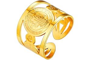 FAITHHEART Bijoux Chrétien Bague Anneau Ouverte Saint Benoit Classique Chevalier en Acier Inoxydable Motard Biker Fantaisie Gothique Homme Unisex Doré