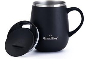 GRANDTIES Isolierter Kaffeebecher mit Henkel Schiebedeckel - 460 ml Weinglas-Form Thermobecher mit doppelwandigem Vakuum Edelstahl hält Ihre Getränke heiß oder kalt Midnight Black, 1 Stück (1er Pack)