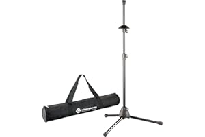 K&M Posaunenständer Set inkl. Tasche: Faltbarer Posaunenständer, passend auch für Basstrompeten, mit Klappfüßen, Gummipolster, Stahl, schwarz, Nylongewebe, wasserabweisend, Schwarz