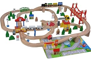 Bandits & Angels Holzeisenbahn-Set 100-teilig mit Grundplatte ab 3 Jahren für Jungen und Mädchen – Eisenbahn-Set aus Holz mit 100 Teilen – inklusive 2 Zügen und Grundplatte – Eisenbahn für Kinder