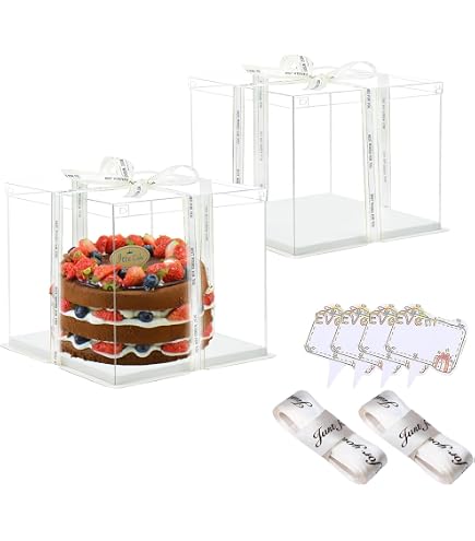 2 Scatole Portatorta Trasparenti 30x30x25 Cm Con Nastro E Biglietti - Per Torte A Due Piani