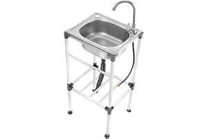 POTYYH Diskbänk i rostfritt stål, fristående enkelhandfat handfat handfat i rostfritt stål med 360° vridbar kran för barer, restauranger, kök, 38 x 33 x 83 cm