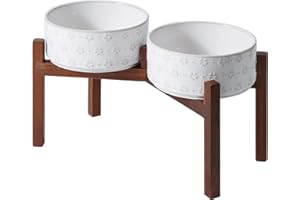 Havniva Keramik 21cm Doppel-Hundenäpfe mit Akazienholzständer, Futter- und Wassernäpfe für Hunde großer Rassen, gewichtete Näpfe für Haustiere (1800ml, arktisches Weiß)