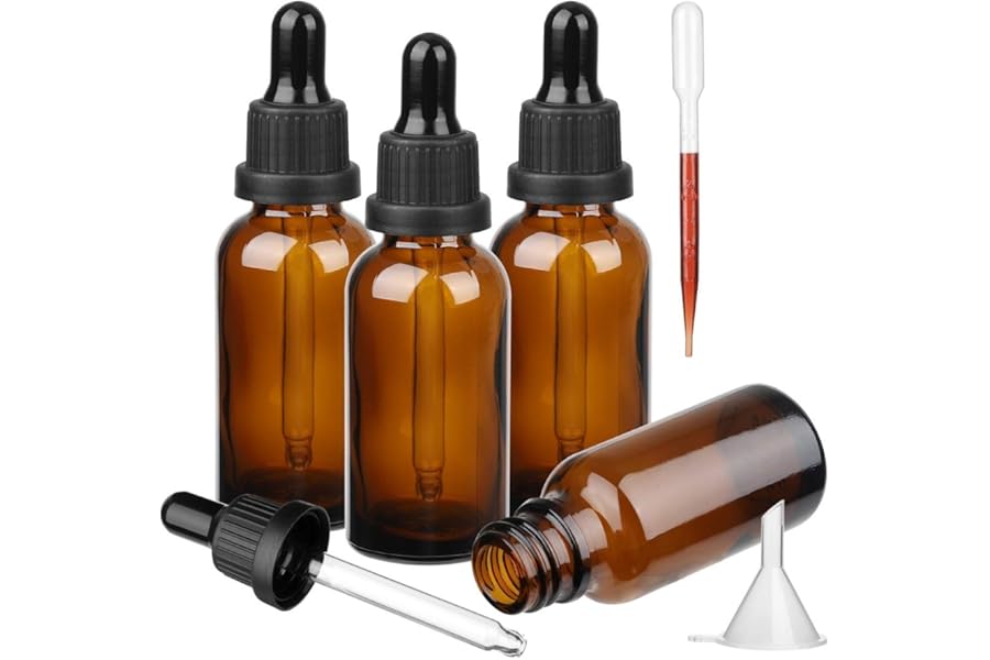 Hyber&Cara Amber Glass Bottle with Glass Pipette, 4 X 50ml Dropper Bottles Refillable for Essential Oil Aromatherapy Blends