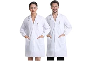JXCTNNU Bata Médica Blanca Bata de Laboratorio Hombre Mujer Bata Blanca Laboratorio Larga Bata Blanca Manga Larga Uniformes Bata Sanitarios Blancos con Bolsillos y Botones