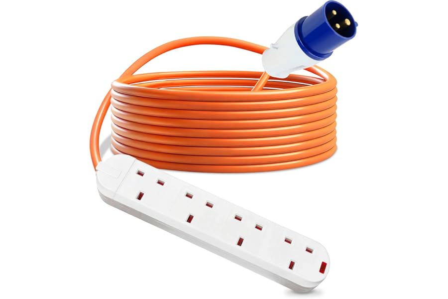 Anesty Mains Electric Hook Up Cable 10m Motorhome/Caravan/Camping Extension Lead 4 Gang Way, Waterproof IP44