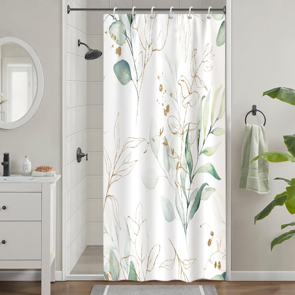 Uiiooazy Cortina de Ducha de Hoja Eucalipto, Cortinas de Ducha Verde Oro Abstracto Planta Cortinas de Baño Antimoho Impermeable Lavable Tejido de Poliéster Cortina Ducha con Ganchos 90x180cm