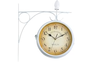 Iglobalbuy Horloge de Gare Rétro, Horloge Murale Double Cadran avec Potence de Fixation Pendule Double Face pour L’intérieur et L’extérieur Maison Jardin Cuisine Cour Séjour Blanche