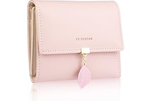 FT FUNTOR PU Leather Wallet for Women RFID-Blocking, Ladies Bifold Leaf Pendant Coin Zipper Small Purse with 5 Card Slots and 1 ID Window Card Holder Organizer (Pink)