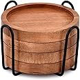 EDHAS Acacia Wood Round Coasters Set of 4 With Iron holder for Drinks, Tabletop Protection for Any Table Type for Bar Kitchen Home Apartment (10.16cm x 10.16cm x 1.27cm)