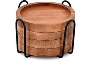 EDHAS Acacia Wood Round Coasters Set of 4 With Iron holder for Drinks, Tabletop Protection for Any Table Type for Bar Kitchen Home Apartment (10.16cm x 10.16cm x 1.27cm)