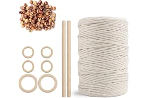 Zwanzer Macrame Cord 3mm x 200m - Macrame Kit with Macrame Rope Rolls, 4-strand Cotton Rope, 6pcs Wood Ring and 2 wooden sticks for Wall Hangings, Plant Hangers, Gift Wrapping and Wedding Decorations