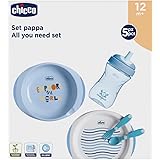 Chicco Set Pappa 12M+, Contiene 1 Tazza, Set di 2 Piatti e Posate, Forchetta e Cucchiaio, Set Svezzamento Bambini, Azzurro, B