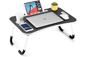 BAKAJI Tavolino da Letto, Vassoio per Colazione Divano, Tavolo Porta Tablet, Notebook, PC, Struttura in Metallo Pieghevole, Leggio Piano in Legno Venato 60 x 40 x 28 cm Scuro (Grigio)