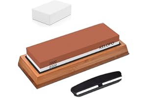 KELOFO Knife Sharpening Stone Kit, 2 Side Whetstone Set 3000/8000 Grit Sharpening and Honing Waterstone with Non-Slip Bamboo Base/Flattening Stone/Gngle Guide Grip