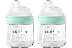 Oberni Baby Bottles with Slow Free Flow Off-Centered Teat for 0+ Months, Anti Colic Newborn Milk Feeding Bottle, 150ml/5oz/Blue/2Pack