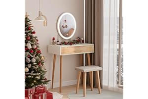 YU YUSING Tocador de Maquillaje con Luz y Taburete Tapizado, Tocador de Dormitorio con 2 Cajones, Espejo LED 3 Colores, Iluminación Regulable, Mesa de Maquillaje para Escritorio, Vestidor