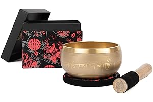 ‎BODHI Bodhi Indische Klangschale Ø 14 cm | Klangschalen Set inkl. Kissen, Klöppel & Geschenkbox | Singing Bowl mit Tara Verzierung | Ideales spirituelles Geschenk | Meditationszubehör aus Messing