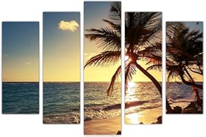 AREDE Zestaw 5 sztuk na ścianę, obraz, plakat, wschód słońca na tropikalnej plaży (120 x 80 cm), do domu, biura, dekoracja ścienna, salon, sypialnia, dekoracja gotowa do powieszenia