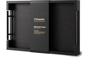 Fibogollo Bamboo Serving Tray with Metal Handles,38x25cm Ottoman Decorative Trays Platter for Coffee Table,Living Room,Bar,Party,Small(Black)