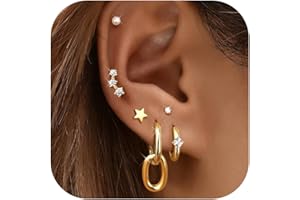 JeweBella 6 Paia Set Orecchini Donna Argento/Oro Trendy Stella Cuore Zirconia Cubica Orecchini Impilabili Orecchini a Lobo Piccoli Orecchini a Cerchio Set Per Piercing Multipli