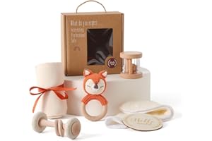 WOODEN TEETHER Cadeau pour nouveau-né, 6 pièces, pour bébé fille garçon, serviettes de bain, bavoirs, jouets en bois, hochet lapin crocheté et cartes de jalons, emballage cadeau (beige)