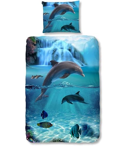 Delfin-Bettwäsche-Set Queen Size – Ozean-Design, Mikrofaser, Inkl. Spannbetttuch & Kissenbezüge