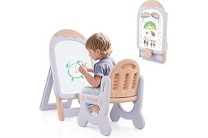 ‎COSTWAY COSTWAY Kinder Staffelei mit Stuhl, Kindertafel Höhenverstellbar & Klappbar mit Whiteboard & Aufbewahrungsbox, Tafel Kinder mit Marker und magnet, Geschenk Spieltafel für Mädchen Jungen (Lila)