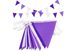 Topeedy 20M Purple and White Bunting Banner Party Decoration,52pcs Reusable Purple Pennant for Birthday Women's Day Mother's Day Home or Garden Triangle flags