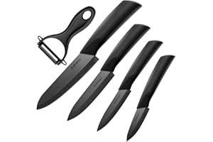 Ankway Zestaw noży ceramicznych, ostry, profesjonalny zestaw noży kuchennych z obieraczką, czarny zestaw noży szefa kuchni z osłonami, nóż ceramiczny używany do gotowania warzyw, owoców i chleba, 5