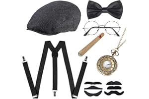 QUXV 7 Pezzi Set Accessori Anni 20 per Uomo, Gatsby Gangster Costume Accessori, con Cappello Panama, Orologio da Tasca, Cinghie, Papillon, Baffi, Occhiali da Vista, per Natale Carnevale Festa