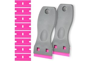 CARSLEEK 2-Pack Grey Non-Scratch Plastic Scrapers, 8 Pink Replacement Razor Blades, Adhesive Sticker Decal Remover, House & Car Cleaning Tool for Glass, Cooktop, Oven, Stove, Remove Stain, Dirt, Paint, Glue