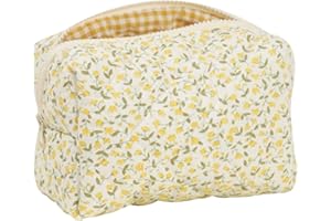 Aikeis Bolsa de maquillaje acolchada floral amarilla, material de algodón suave, gran espacio, portátil y ligera, ideal para viaje y almacenamiento de maquillaje en movimiento para mujeres-adultos